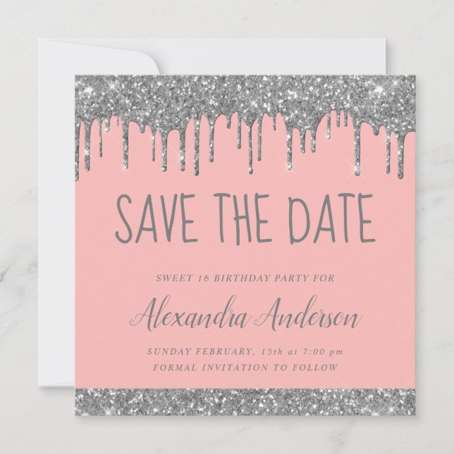 Invitation Argent Blush rose Parties scintillant Sweet 16 Enr (Devant)
