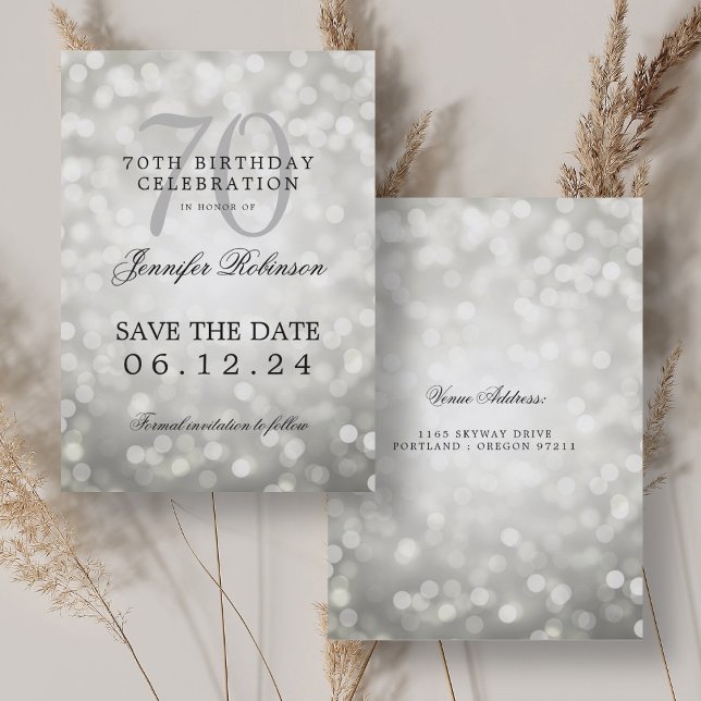 Invitation Argent Bokeh 70th Birthday Enregistrer la date (Silver Bokeh 70th Birthday Save the Date Invitation)