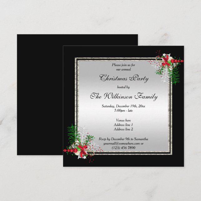 Invitation Argent brillant et noir, Décorations de coin Noël (Devant / Derrière)