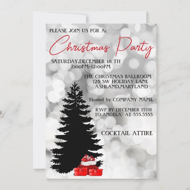 Invitation Argent brillant, Noir Arbre de Noël et cadeaux (Devant)