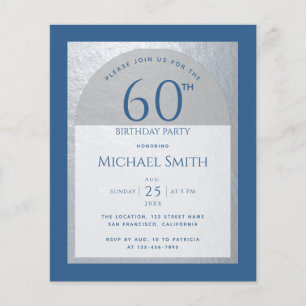 Invitation argent classique bleu pour 60 ans
