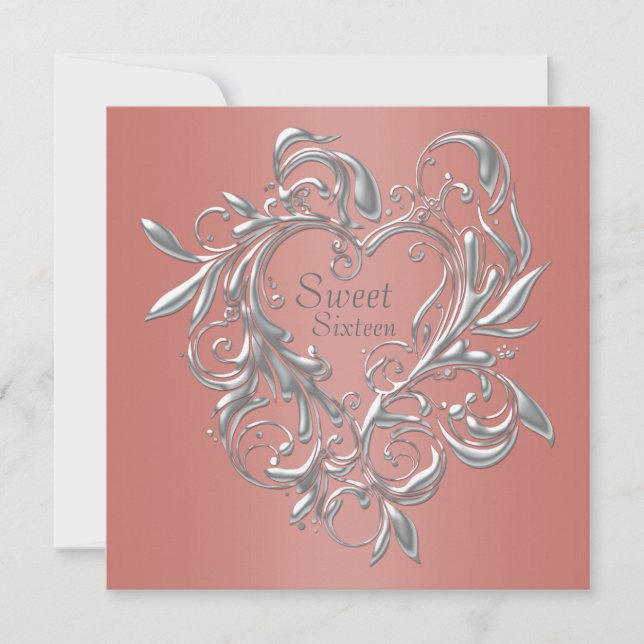 Invitation Argent Coeur Coral Sweet sixteen Anniversaire (Devant)