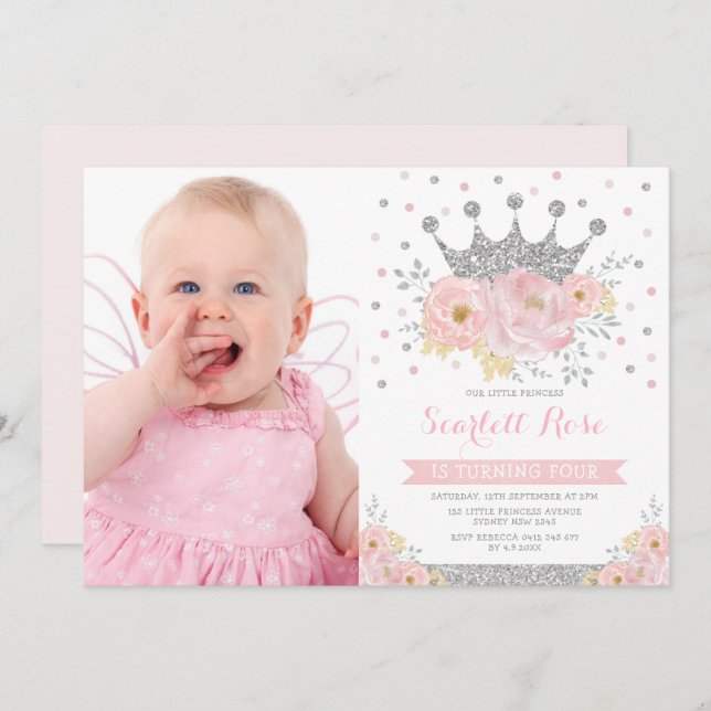 Invitation Argent Couronne Princesse Blush Floral Photo Anniv (Devant / Derrière)