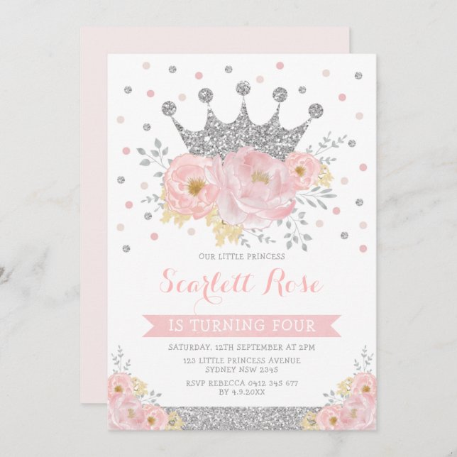 Invitation Argent Couronne princesse Blush rose Floral Annive (Devant / Derrière)