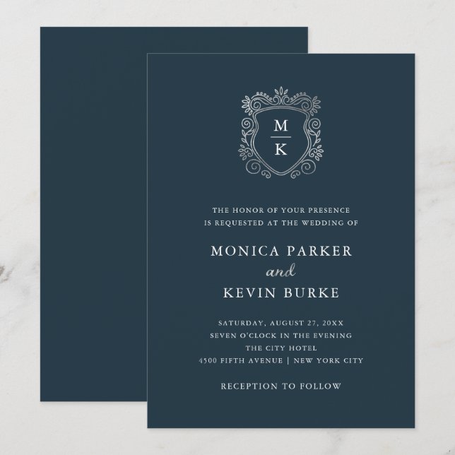 Invitation Argent Crest | Élégant Mariage bleu nuit (Devant / Derrière)