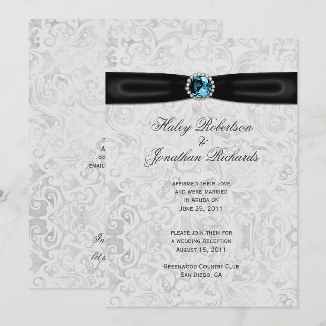 Invitation Argent Damask Black Ribbon Blue Jewel Mariage (Devant / Derrière)