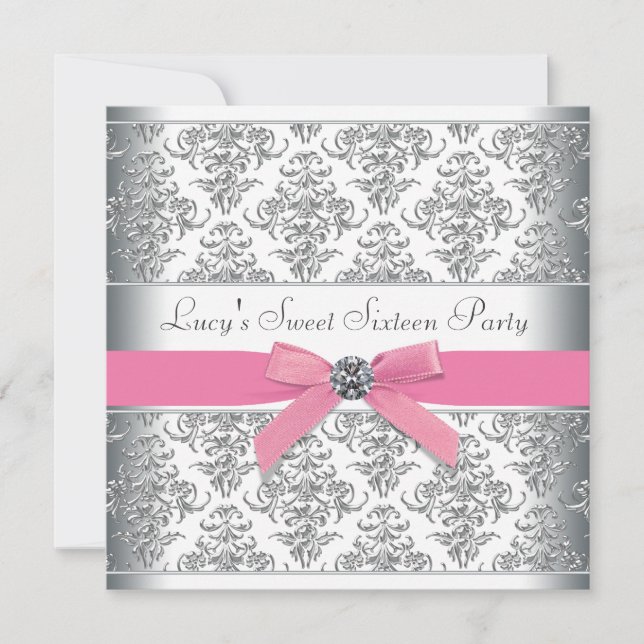 Invitation Argent Damask Sweet sixteen rose fête d'anniversai (Devant)