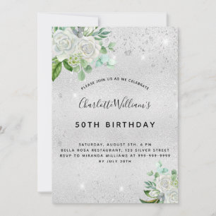Invitation Argent d'anniversaire éclat vert floral