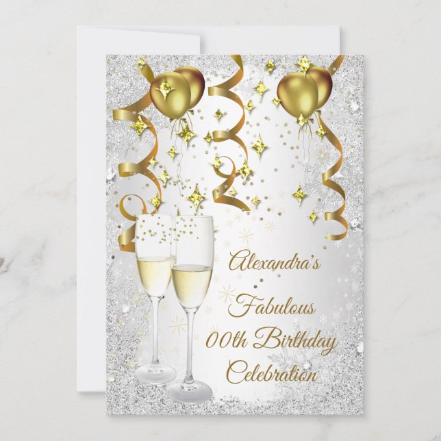 Invitation Argent de fête ballon doré champagne paillettes (Devant)