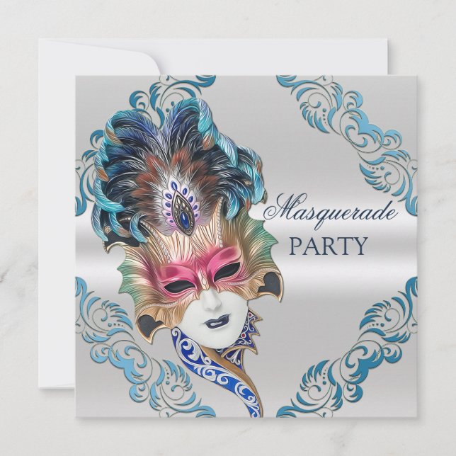 Invitation Argent de partie de mascarade de masque de plumes (Devant)