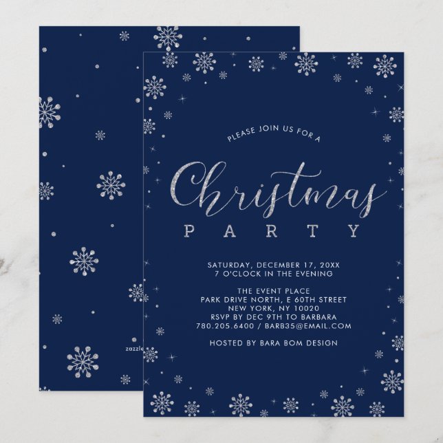 Invitation Argent | Dîner de fête de Noël aux flocons de neig (Devant / Derrière)