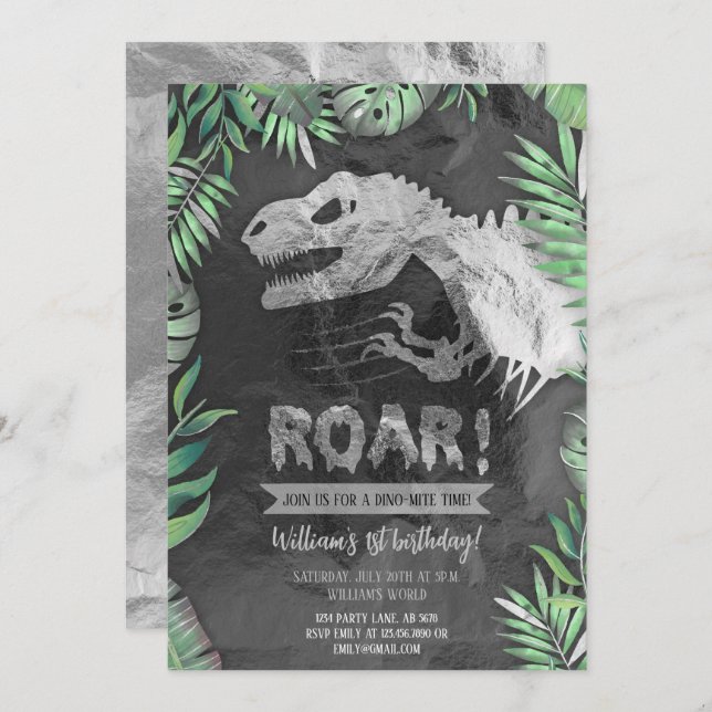 Invitation Argent Dinosaur Roar Anniversaire (Devant / Derrière)