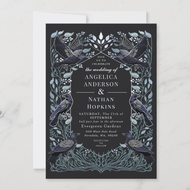 Invitation Argent Enchantée Gothique Corbeau Mariage Floral (Devant)