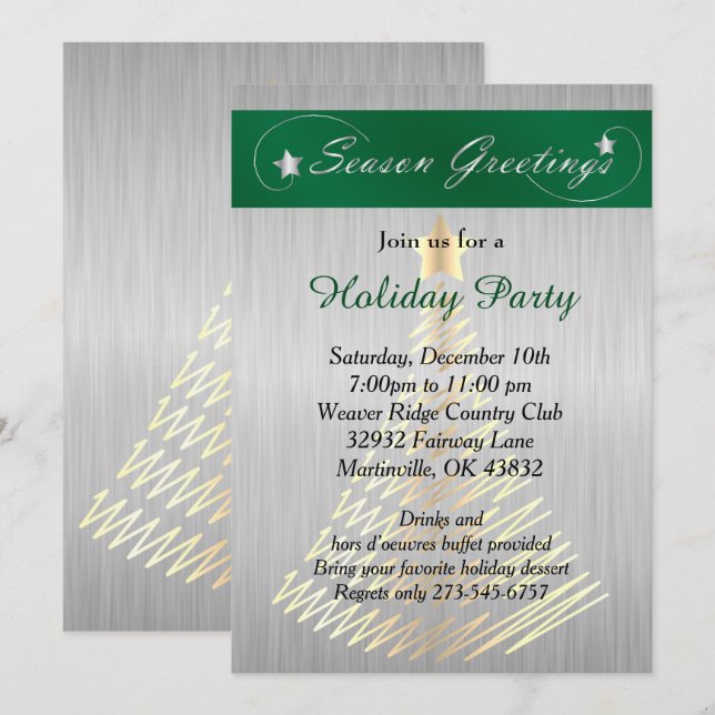 Invitation Argent et arbre de Noël vert (Devant / Derrière)