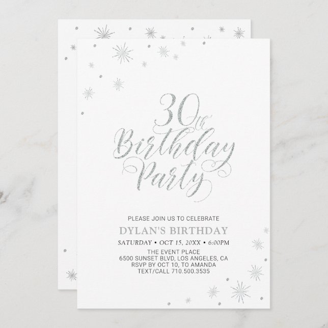 Invitation Argent et blanc | Modern Chic 30th Birthday Party (Devant / Derrière)