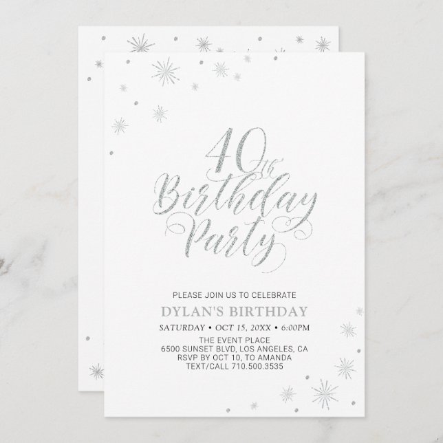 Invitation Argent et blanc | Modern Chic 40th Birthday Party (Devant / Derrière)