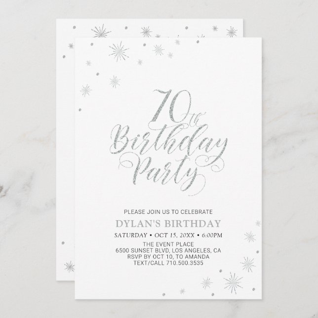 Invitation Argent et blanc | Modern Chic 70th Birthday Party (Devant / Derrière)
