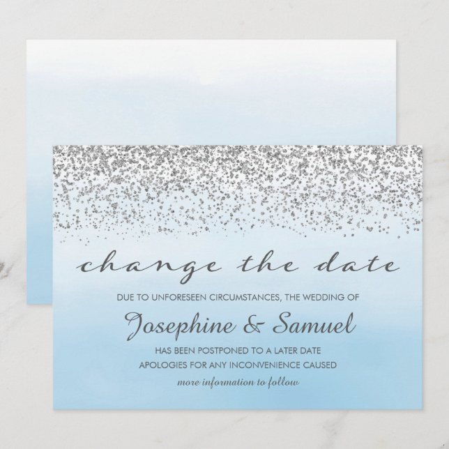 Invitation Argent et bleu Aquarelle Modifier la date (Devant / Derrière)