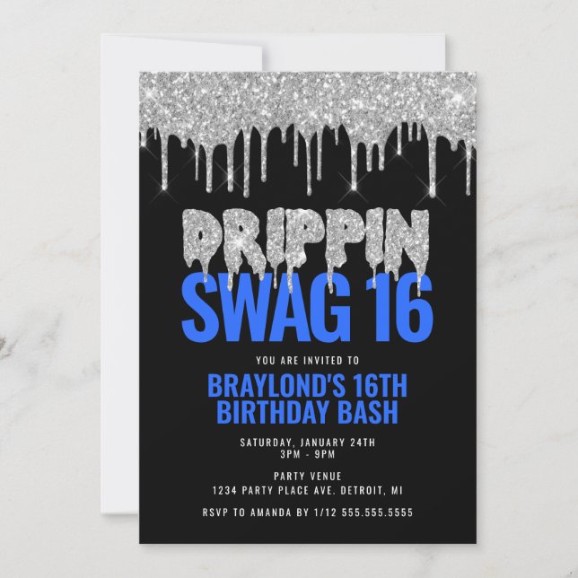 Invitation Argent et Bleu Drippin Swag 16 Anniversaire  (Devant)