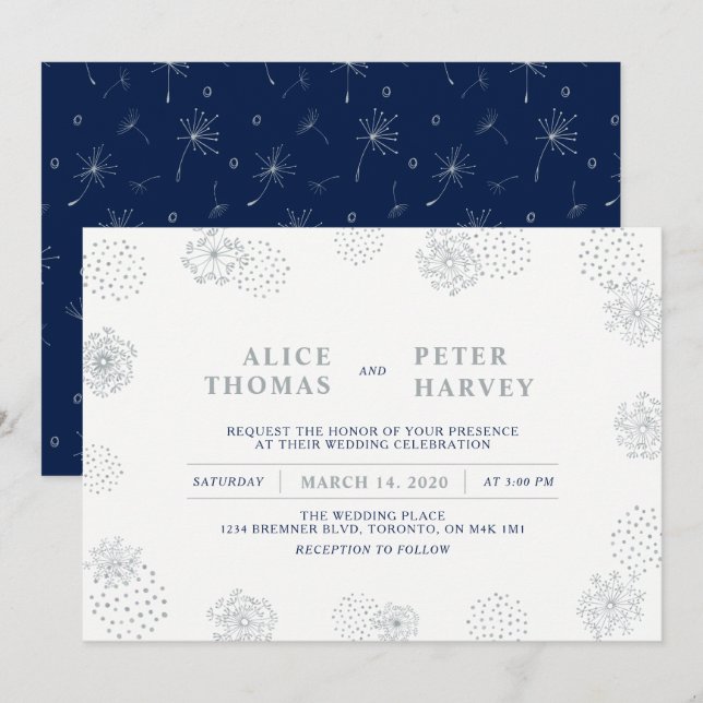 Invitation Argent et Bleu Marine | Cérémonie de Mariage Moder (Devant / Derrière)