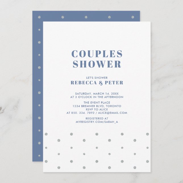 Invitation Argent et bleu | Wedding shower moderne Couples (Devant / Derrière)