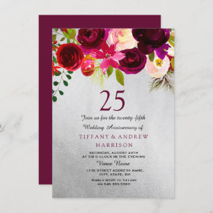 Invitation Argent et Bourgogne Floral 25e anniversaire Mariag