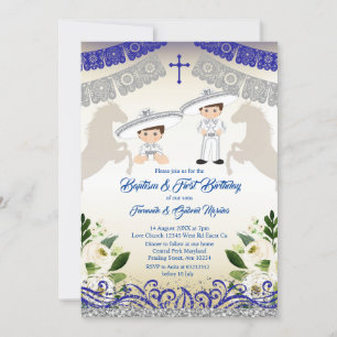 Invitation Argent et Marine Bleu Boy Baptême et Anniversaire