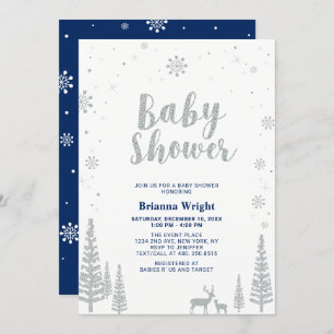 Invitation Argent et Marine Hiver Wonderland Baby shower garç