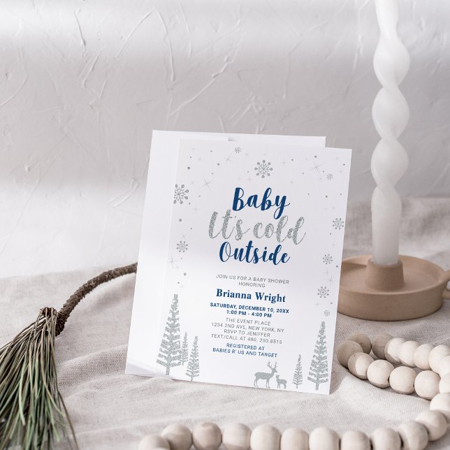Invitation Argent et Marine Hiver Wonderland Baby shower garç (Créateur téléchargé)
