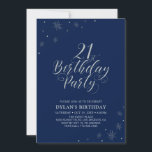 Invitation Argent et marine | Modern Chic 21e fête d'annivers<br><div class="desc">Fêtons votre 21e anniversaire avec cette invitation de fête élégante. Ce design présente une typographie argentée chic sur des graphismes scintillants avant et argent avec une photo sur le dos. Remplacez l'exemple de photo par le vôtre ou supprimez-le si vous ne le voulez pas. La couleur de l'arrière - plan...</div>