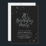 Invitation Argent et noir | Modern Chic 70th Birthday Party<br><div class="desc">Fêtons votre journée spéciale avec cette élégante invitation à la fête de l'argent. Ce design présente une typographie argentée chic "70th Birthday Party" avec des graphismes étincelants. La couleur de l'arrière - plan est en noir, mais n'hésitez pas à la modifier pour l'adapter à votre thème de fête. D'autres invitations...</div>