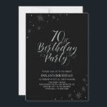 Invitation Argent et noir | Modern Chic 70th Birthday Party<br><div class="desc">Fêtons votre journée spéciale avec cette élégante invitation à la fête de l'argent. Ce design présente une typographie argentée chic "70th Birthday Party" avec des graphismes étincelants. La couleur de l'arrière - plan est en noir, mais n'hésitez pas à la modifier pour l'adapter à votre thème de fête. D'autres invitations...</div>