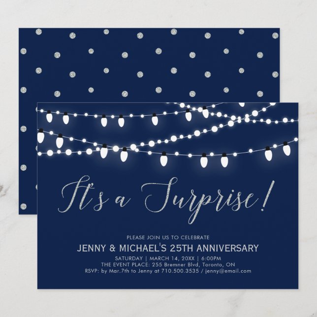 Invitation Argent et Nuit | 25e anniversaire de mariage Surpr (Devant / Derrière)
