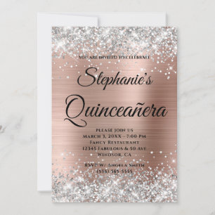 Invitation Argent et Or Rose Fantaisie Monogramme Quinceañera