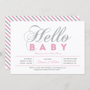 Invitation Argent et rose   Fille, Baby shower de typographie