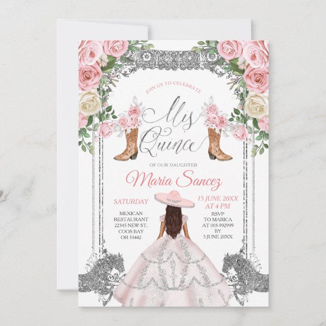 Invitation Argent et rose Floral Charra Quinceanera Anniversa (Devant)