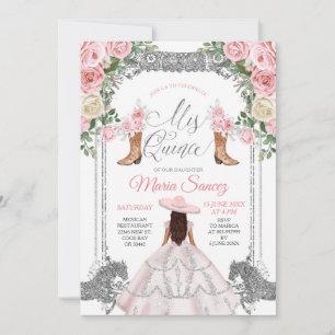 Invitation Argent et rose Floral Charra Quinceanera Anniversa