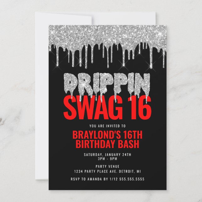Invitation Argent et Rouge Drippin Swag 16 Anniversaire  (Devant)