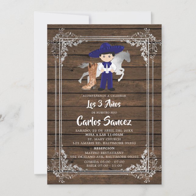 Invitation Argent et Royal Blue Wood Charro Troisième anniver (Devant)