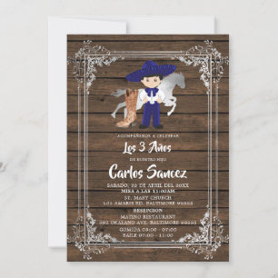 Invitation Argent et Royal Blue Wood Charro Troisième anniver