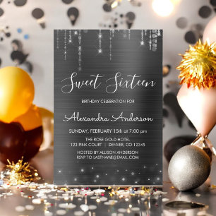 Invitation Argent et Sweet sixteen noir Anniversaire