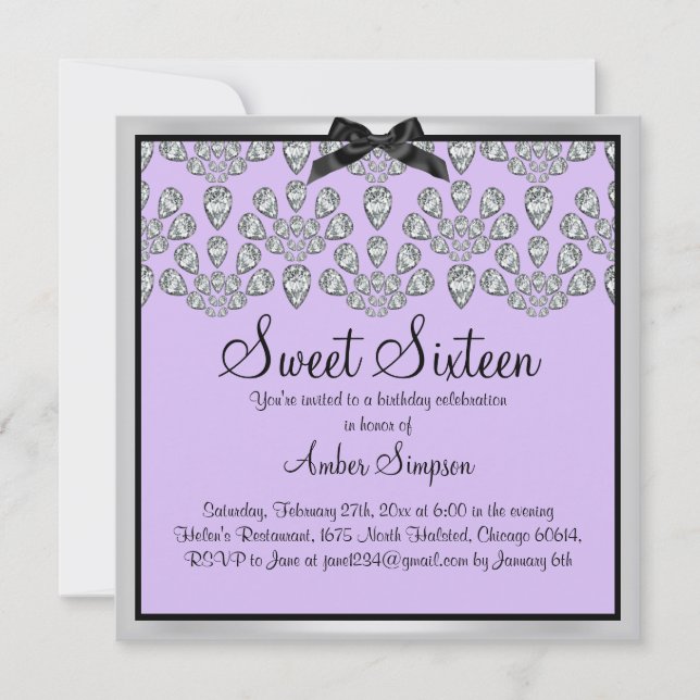 Invitation Argent et violet Forever Diamonds Sweet 16 Invitat (Devant)