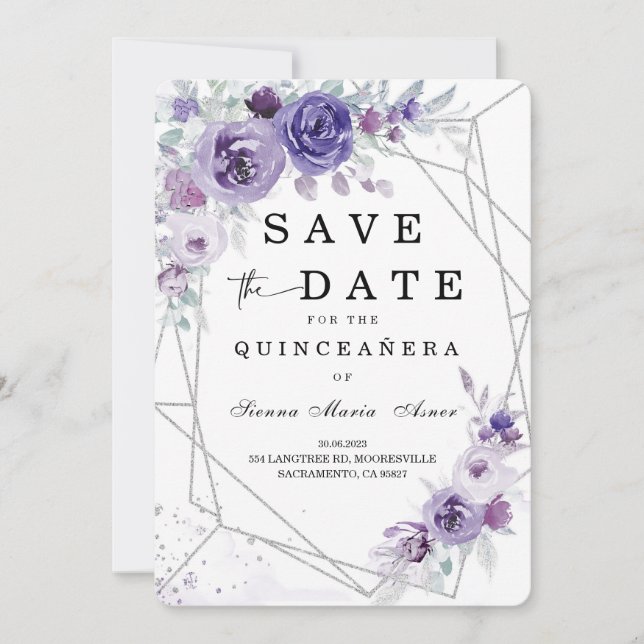 Invitation Argent et violet sauvez la date Quinceañera (Devant)