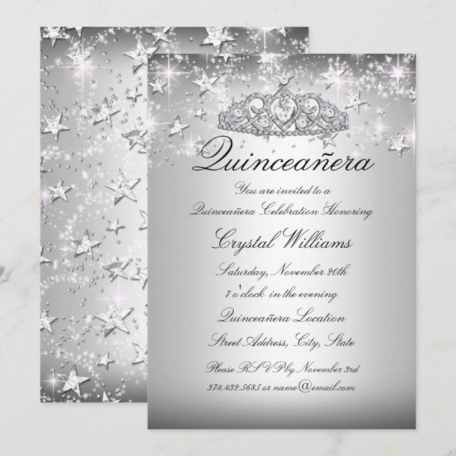 Invitation Argent Étincelle Tiara Étoiles Quinceanera Invitat (Devant / Derrière)