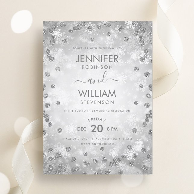 Invitation Argent Festif moderne Elégant Mariage d'hiver (Modern Festive Silver Elegant Winter Wedding Invitation)