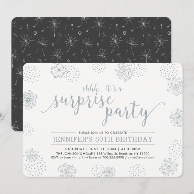 Invitation Argent | Fête de 50e anniversaire Moderne Surprise (Devant / Derrière)
