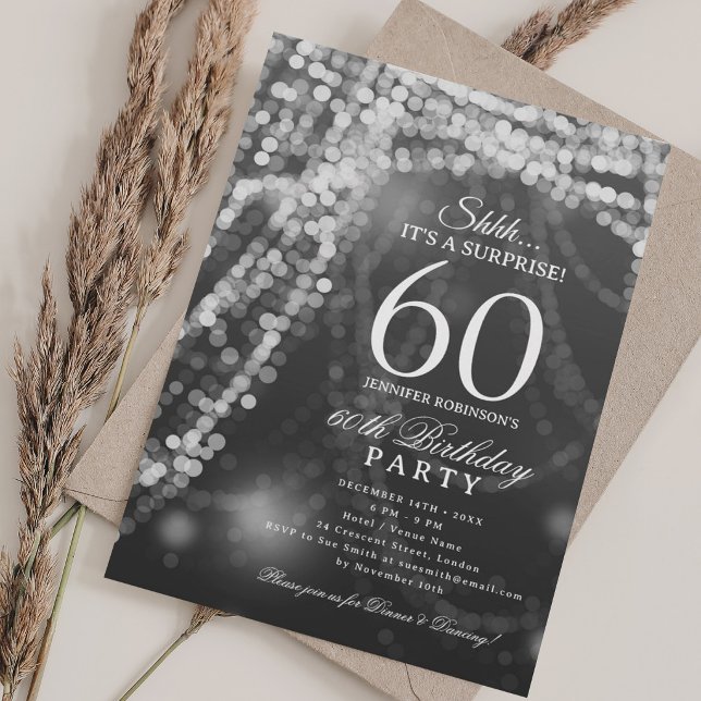Invitation Argent | Fête surprise pour 60e anniversaire  (Silver | Surprise 60th Birthday Party Invitation)