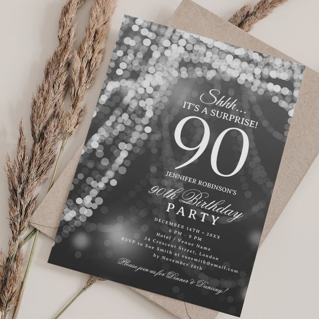 Invitation Argent | Fête surprise pour 90e anniversaire  (Silver | Surprise 90th Birthday Party Invitation)