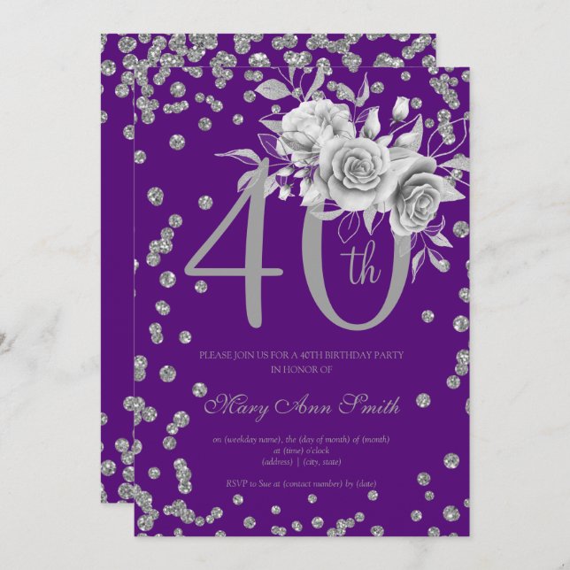 Invitation Argent Floral & Confetti 40e Anniversaire Violet (Devant / Derrière)