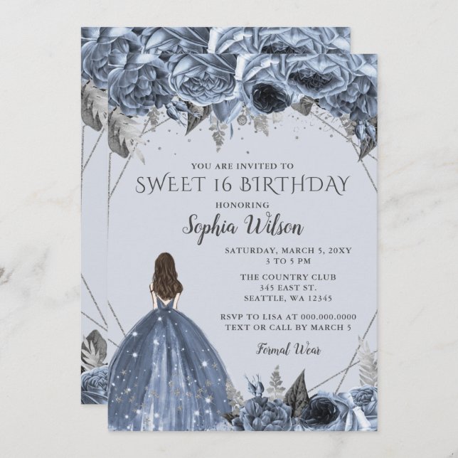 Invitation Argent floral Dusty Blue Spakle Robe Douce 16 (Devant / Derrière)